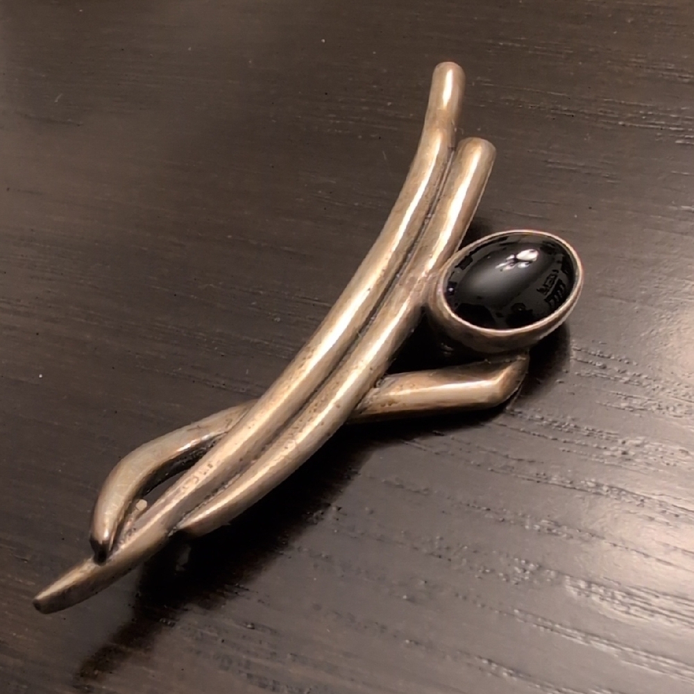 Mexico Modernist 925 Sterling Silver Brooch/Pin with Black Onyx Cabochon - Picture 3 of 6